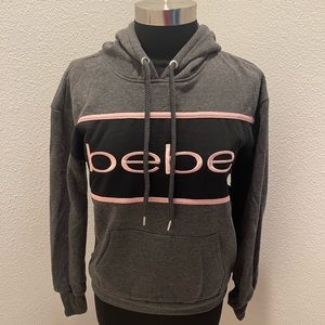 Bebe Sport Color Pop Grey Pink Stripe Logo Hoodie Gray Long Sleeve Sweatshirt